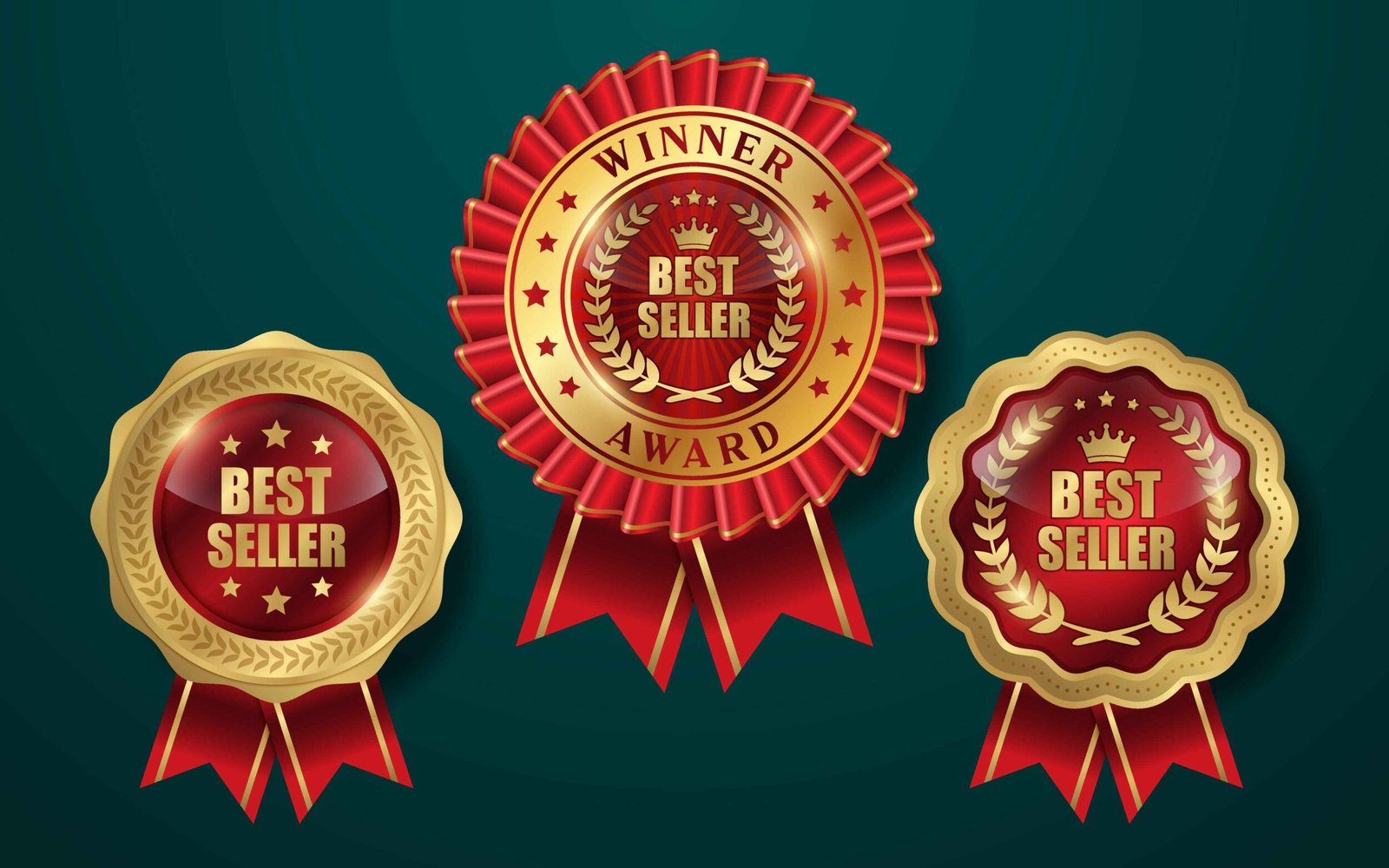 Elegant red and gold best seller ribbons and medals for product recognition and sales awards