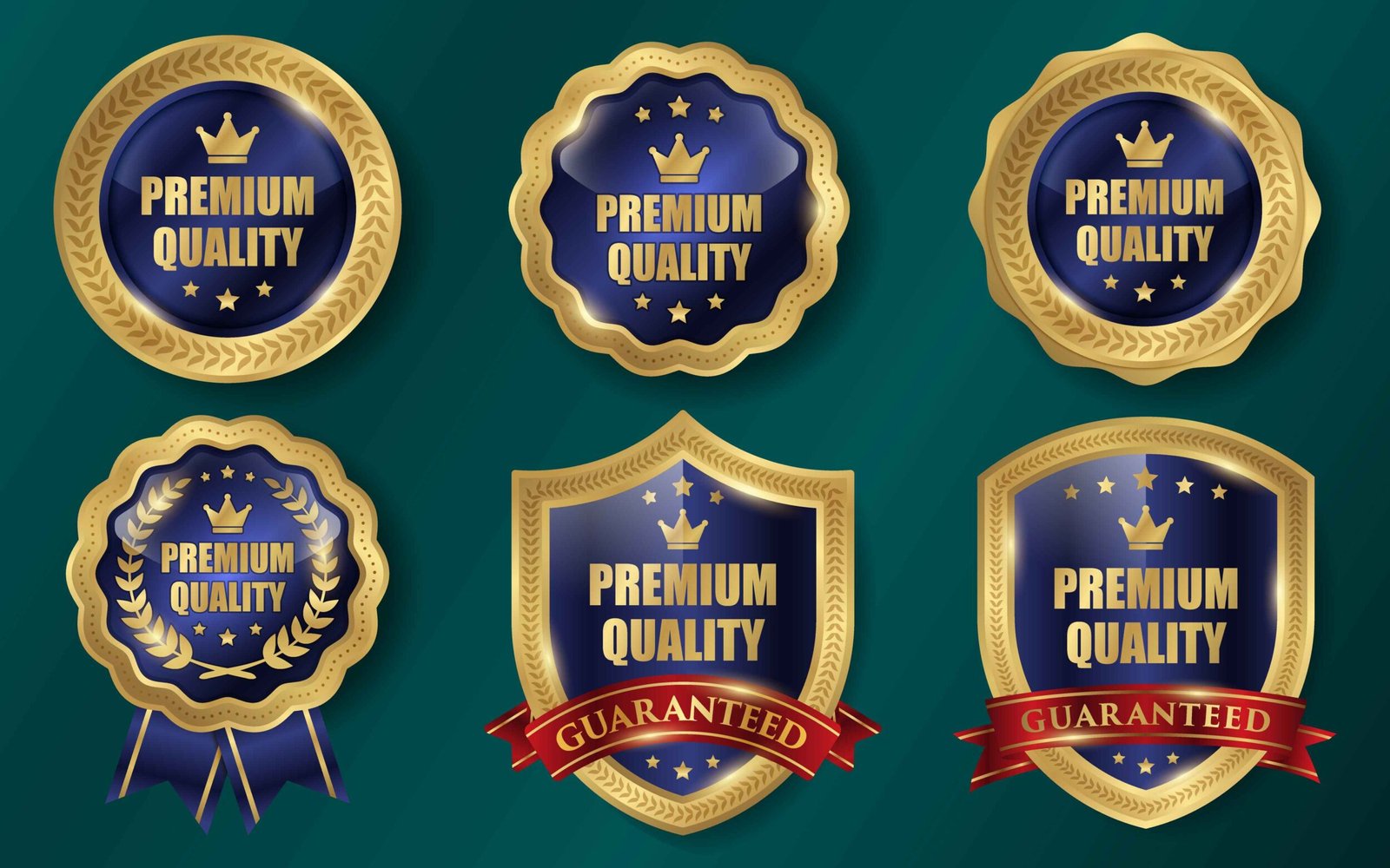 Collection of six elegant premium quality badges and seals featuring golden ornate frames and royal blue centers with crowns and stars