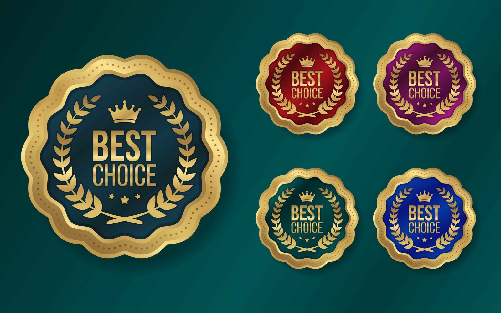 Elegant golden badges featuring best choice and a crown symbol presented in various rich colors on a dark green background