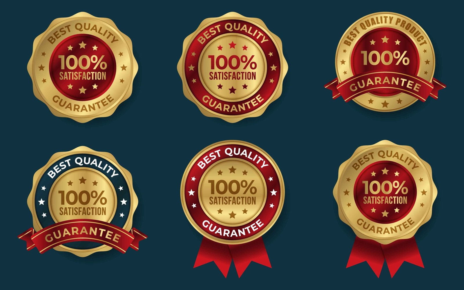Collection of six premium quality assurance badges and seals featuring gold and red accents perfect for product certification and guarantees