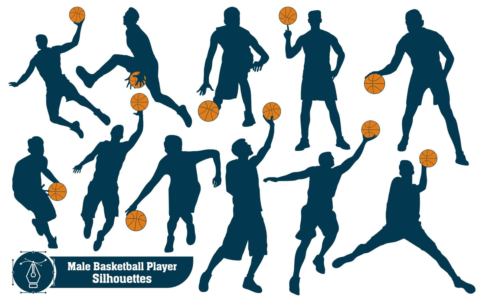 Black and white male Basketball Player Silhouettes