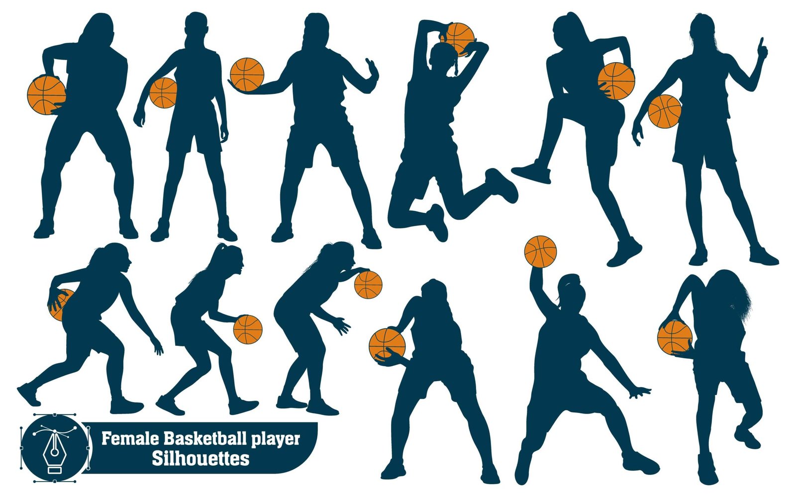 Black and white female Basketball Player Silhouettes