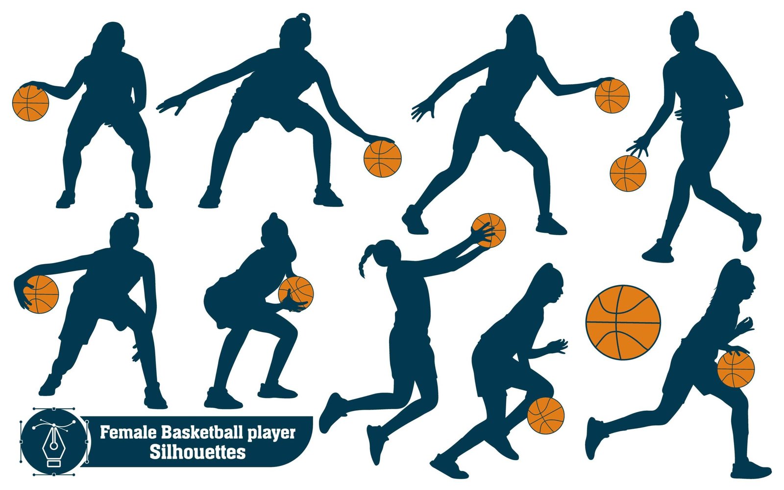 Black and white female Basketball Player Silhouettes
