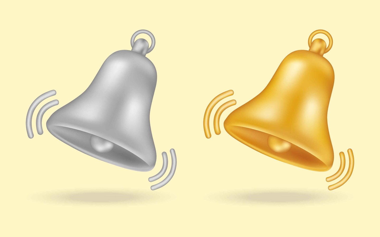 Two distinct bells one silver and one gold are depicted in motion emitting sound waves symbolizing alerts and notifications