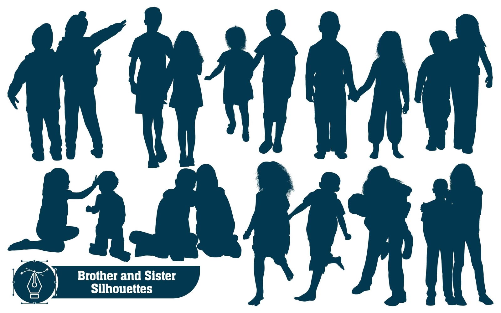 Collection of Brother and Sister Silhouettes in different poses set