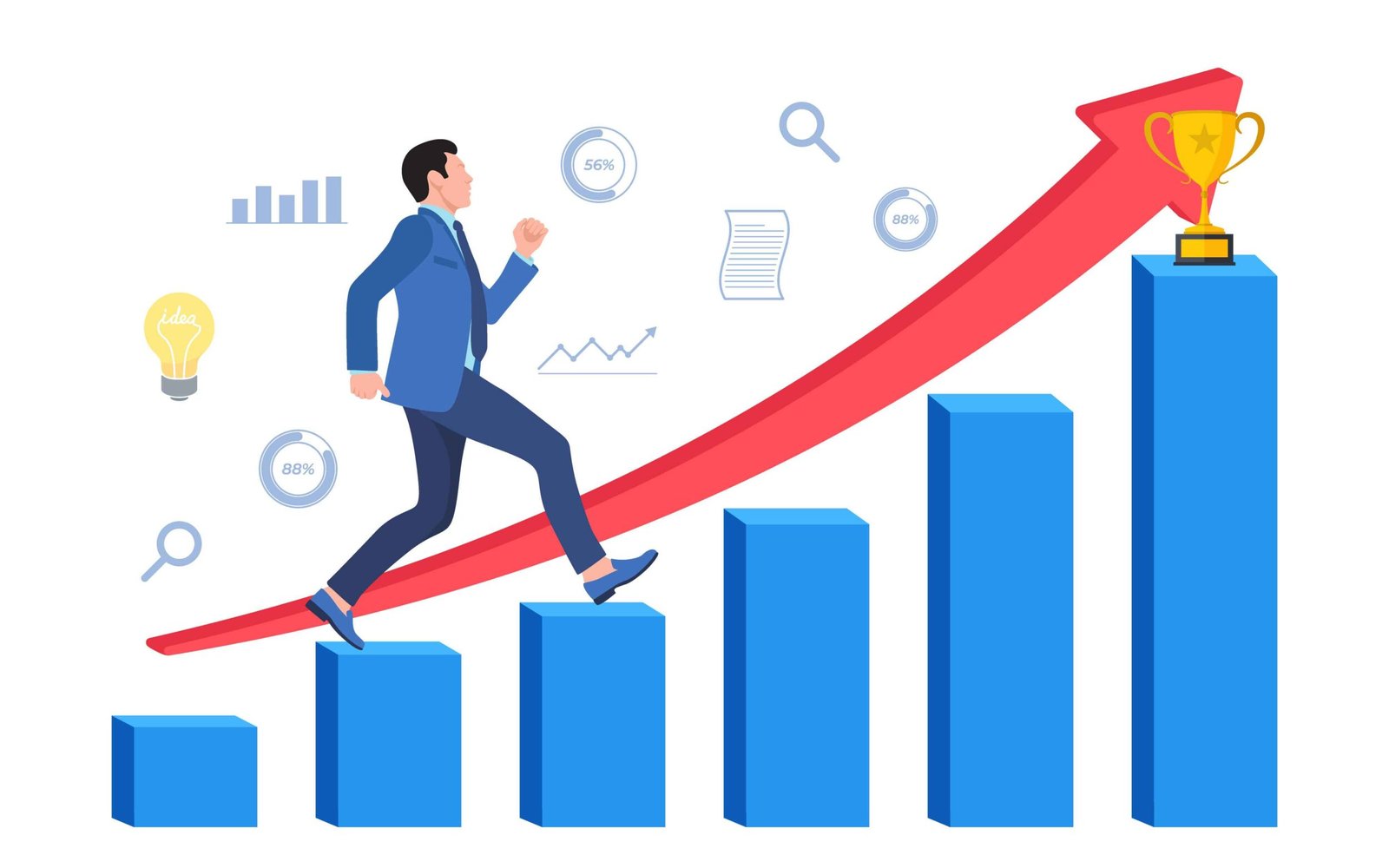 Businessman climbing success ladder, growing bar graph with trophy at top on white background