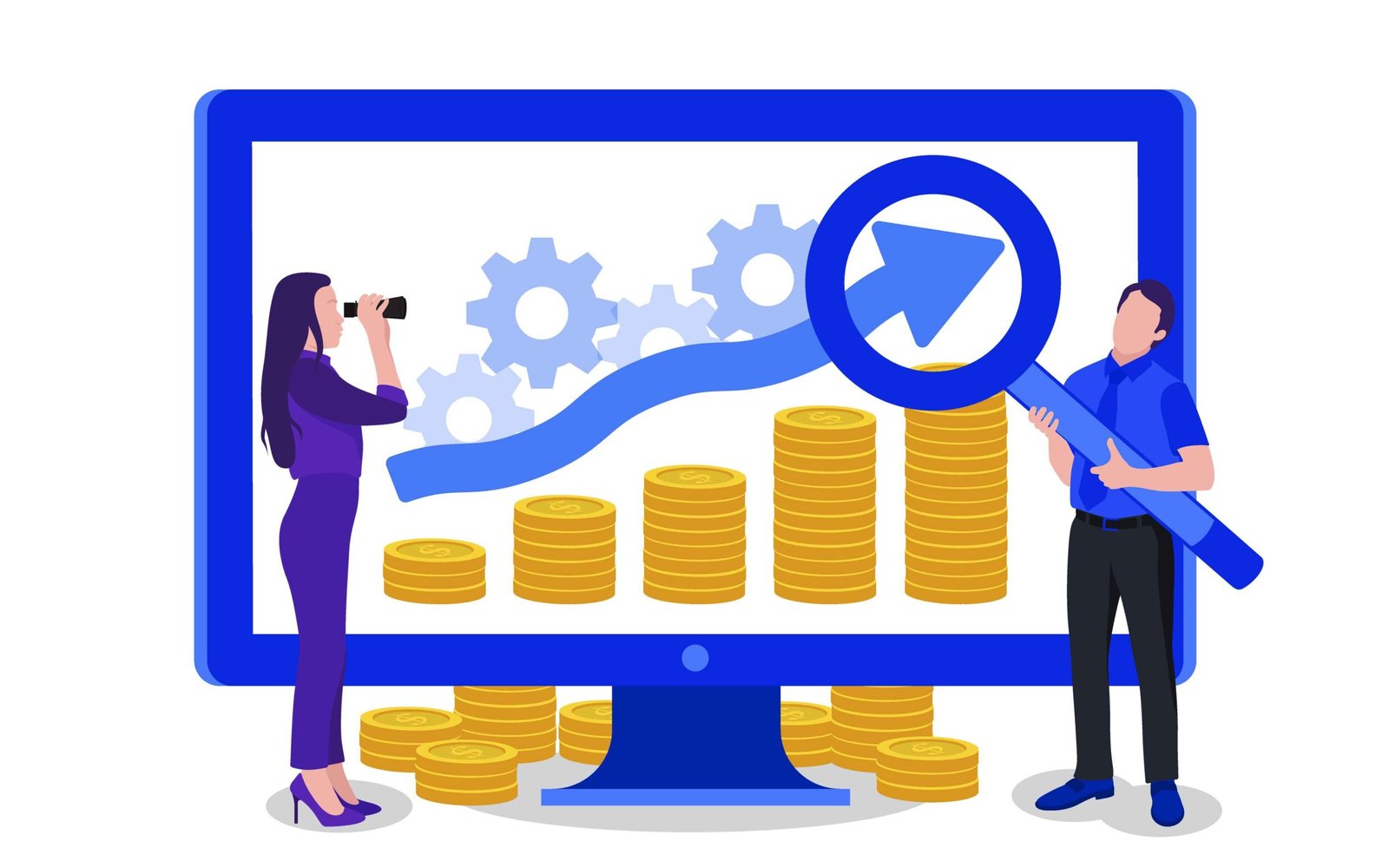 Business professionals analyzing financial data on a monitor, demonstrating growth strategy, success, and foresight.
