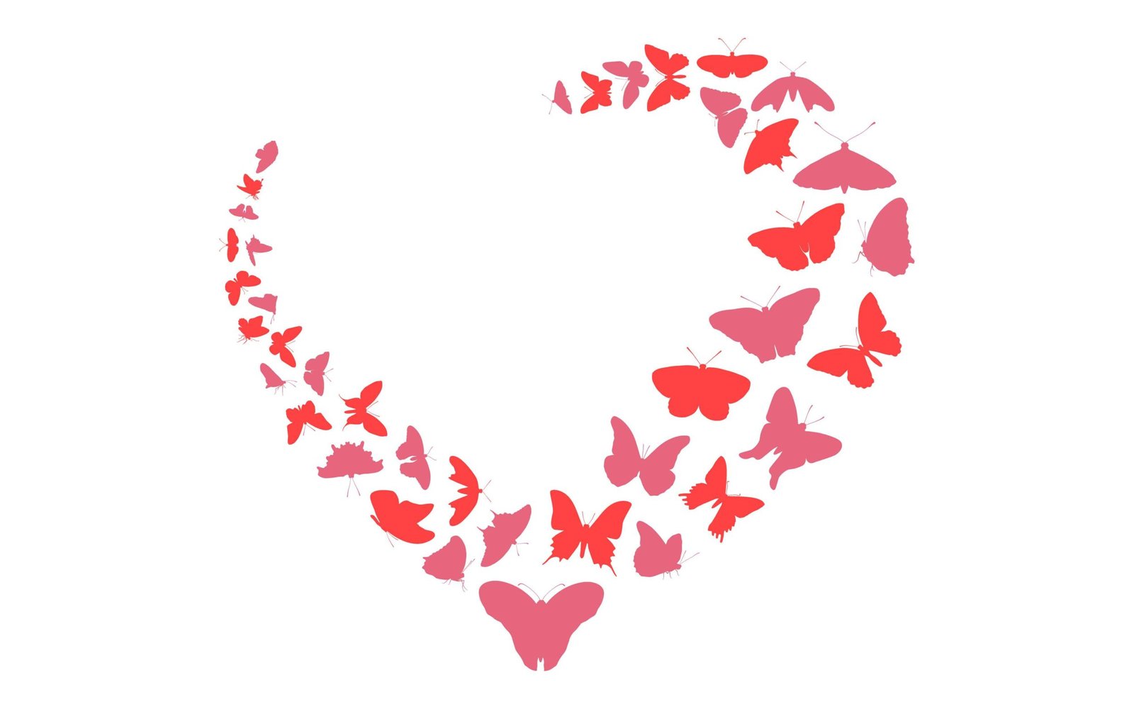 Heart shape composed of various red and pink butterfly silhouettes, symbolizing love and romance in a delicate design.