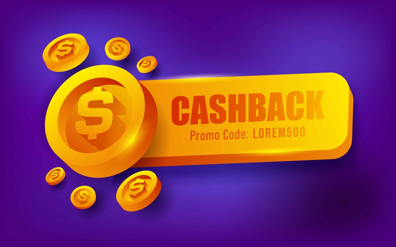 Golden dollar coins and 'cashback' banner with 'promo code illustration of financial rewards.