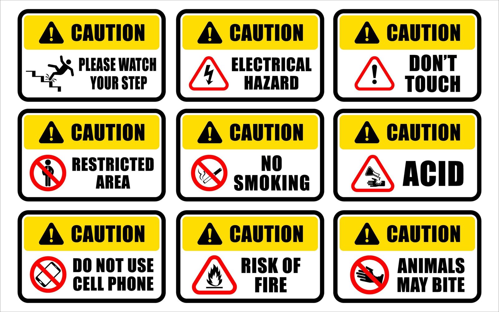Collection of nine yellow and black caution warning signs with various safety symbols and text