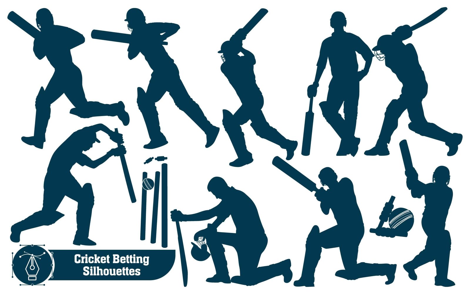 Cricket player betting silhouettes in different poses