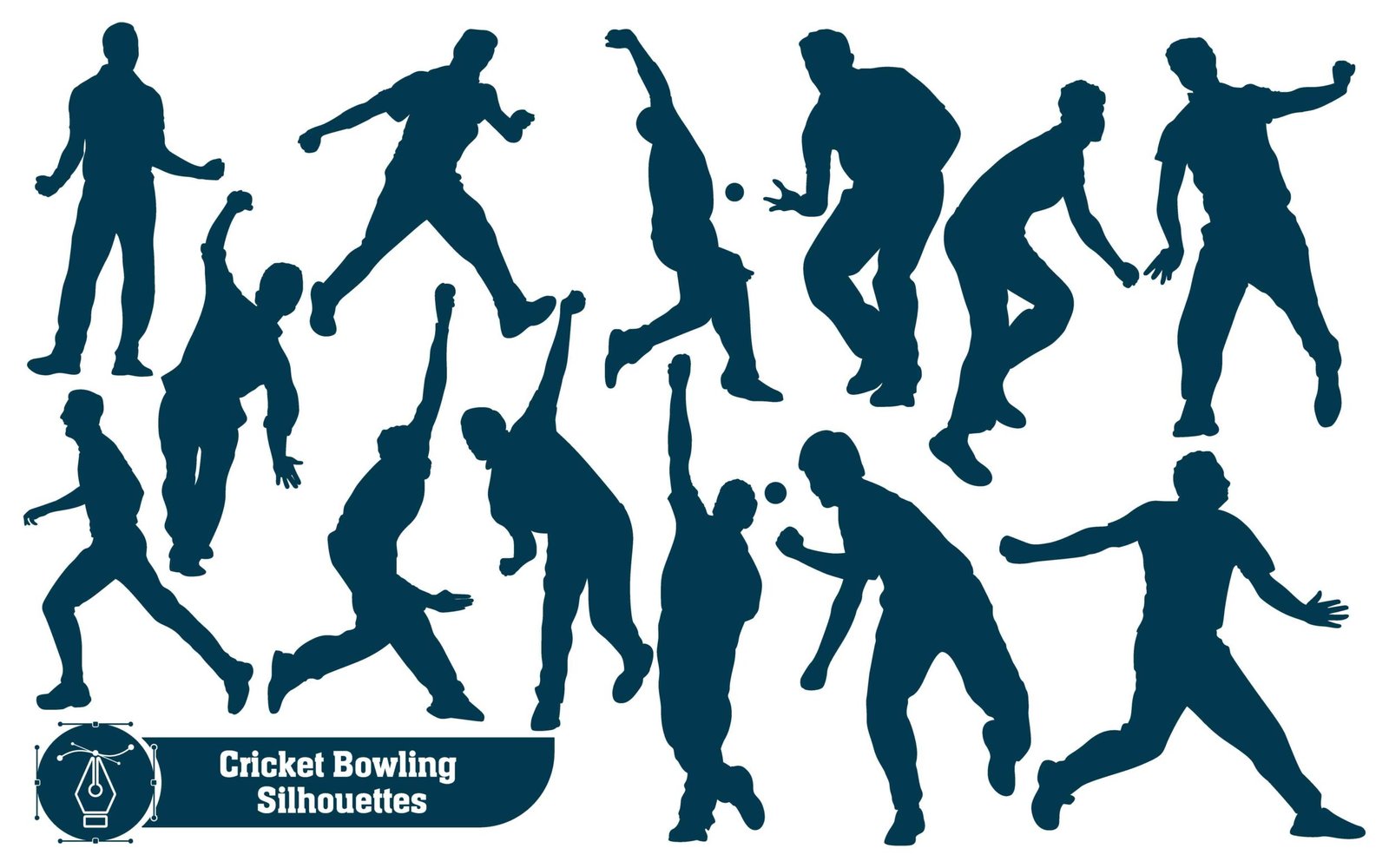 Cricket player bowling silhouettes in different poses