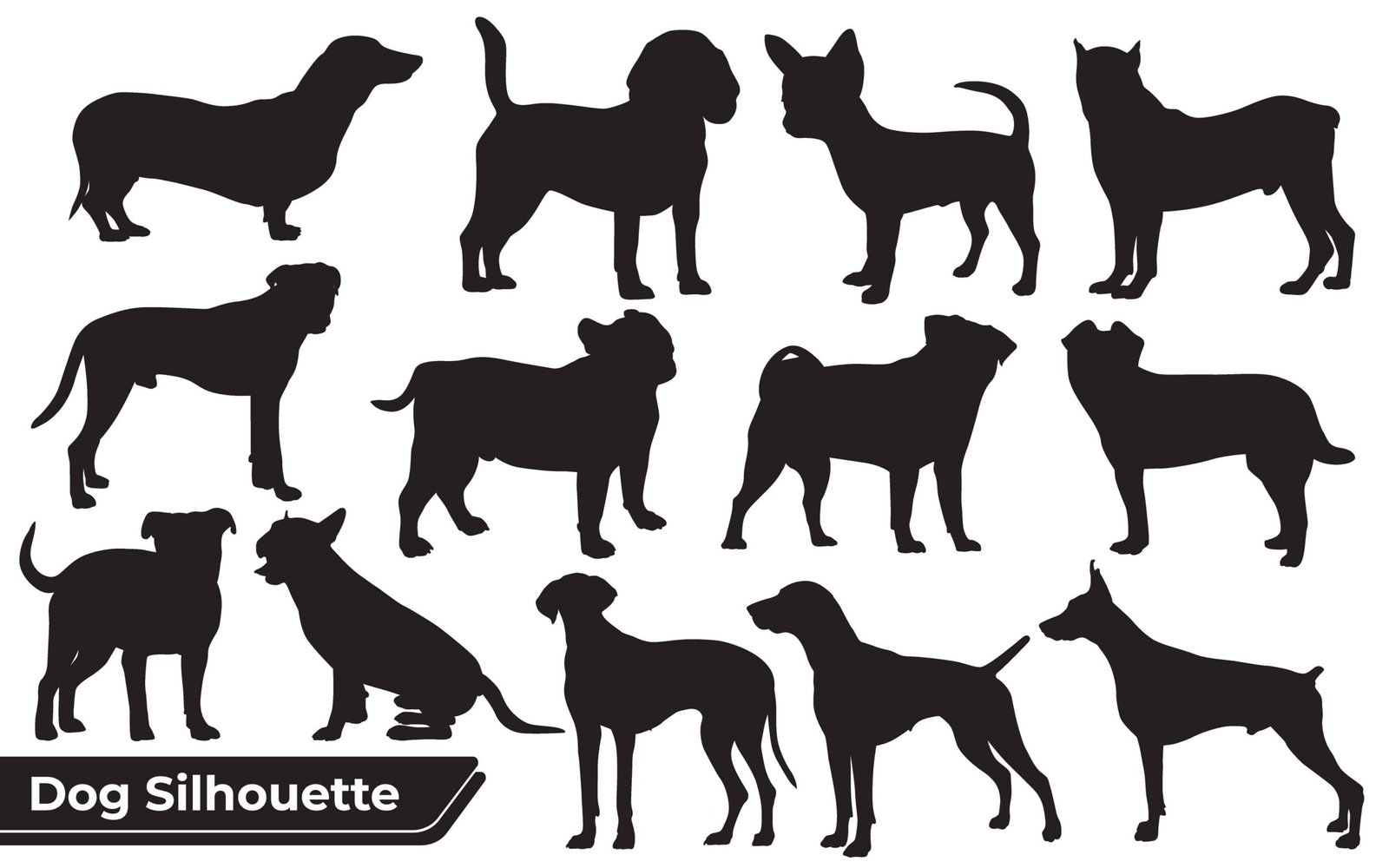 Collection of animal Different Types of Dogs Silhouettes vector in different positions