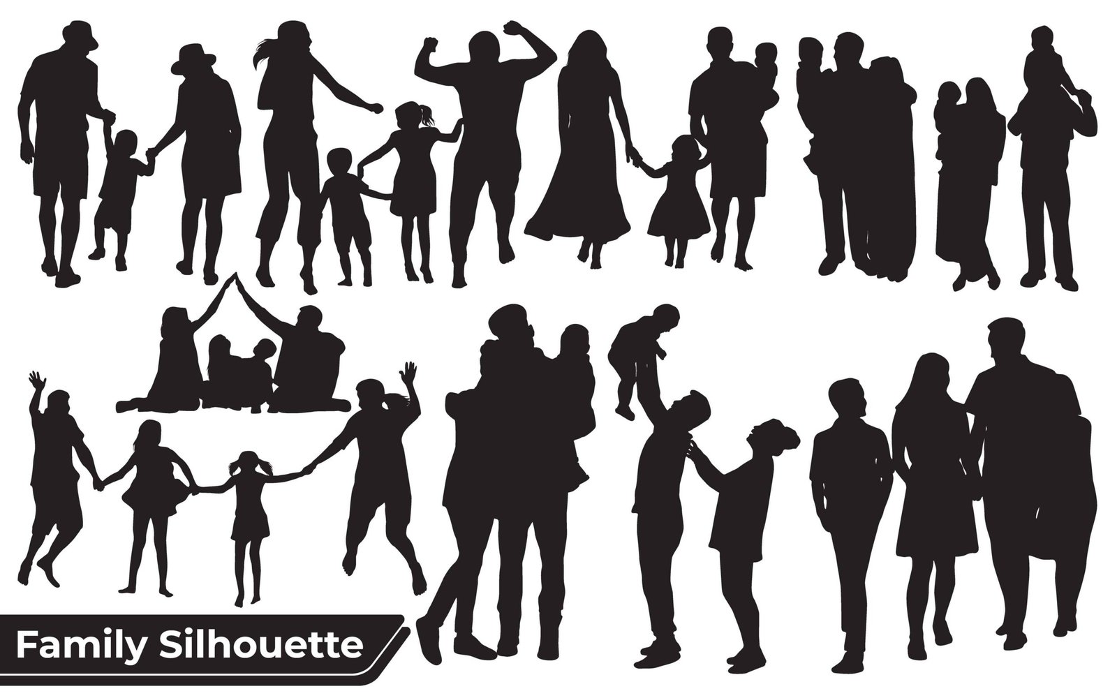 Collection of Family silhouettes showing love and togetherness