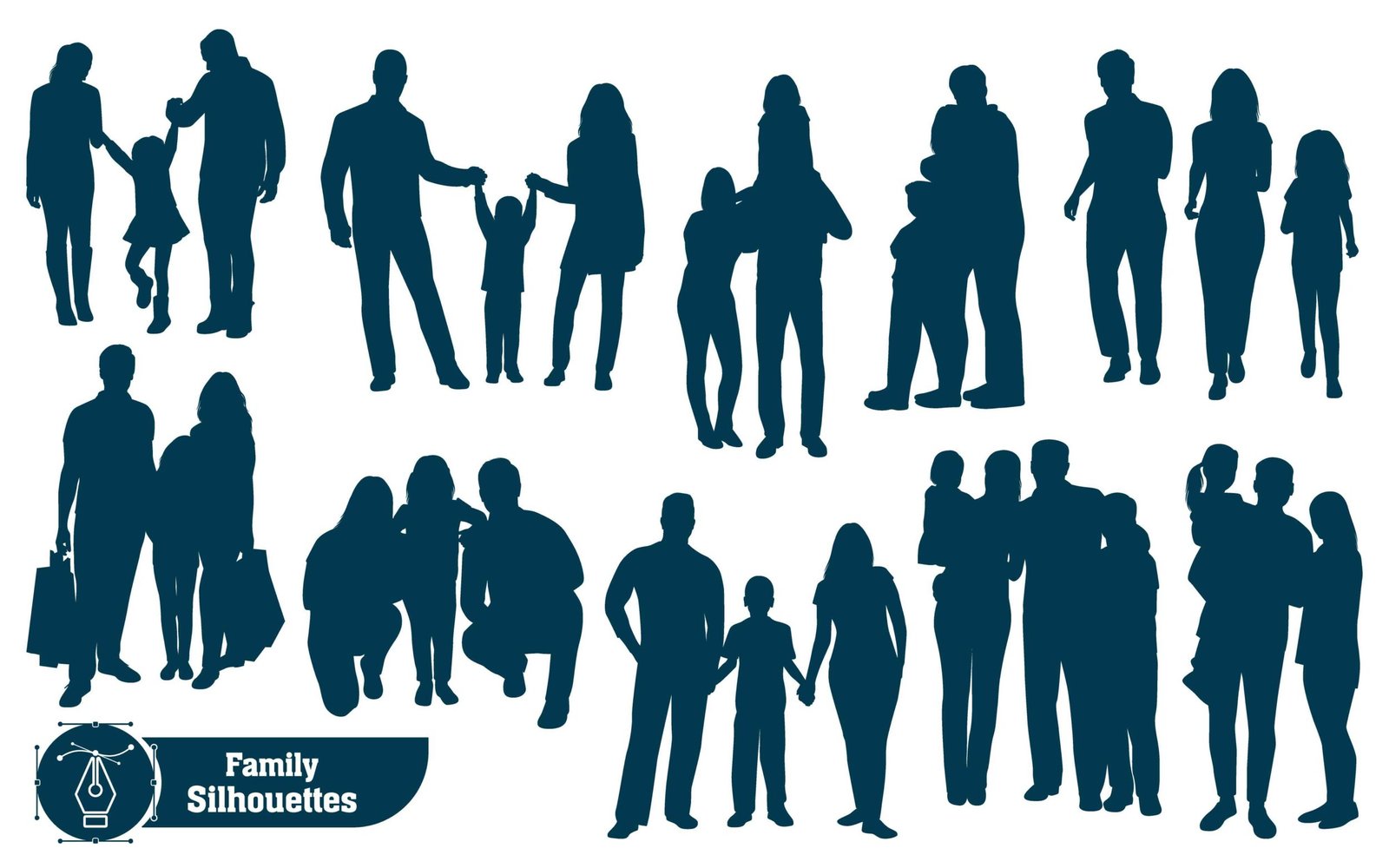 Vector collection of family silhouettes, parents and children in loving pose