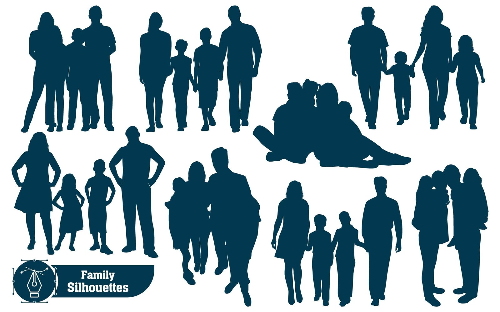 Vector collection of family silhouettes, parents and children in loving pose