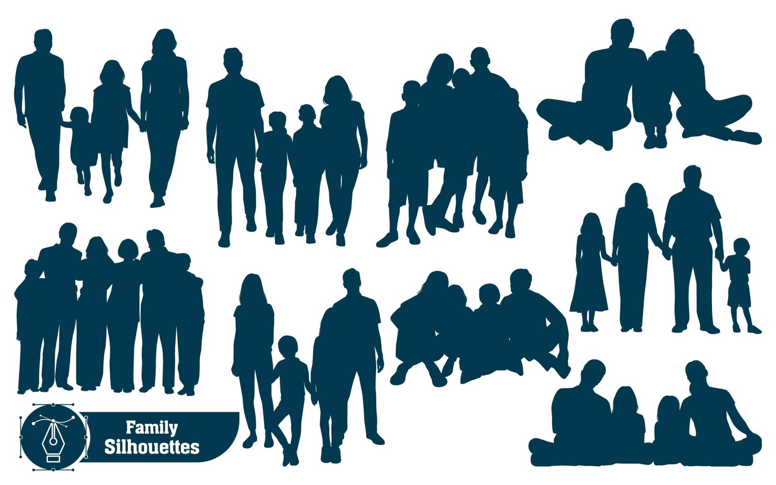 Vector collection of family silhouettes, parents and children in loving pose