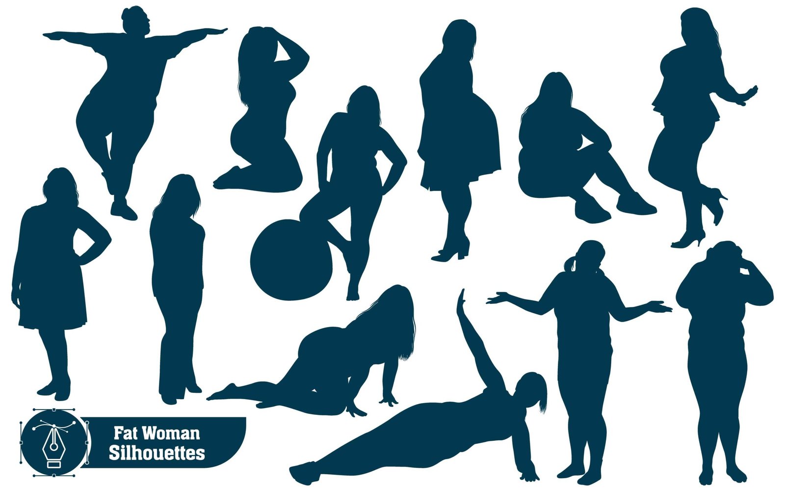 Fat Woman Silhouettes in fitness and active poses vector collection
