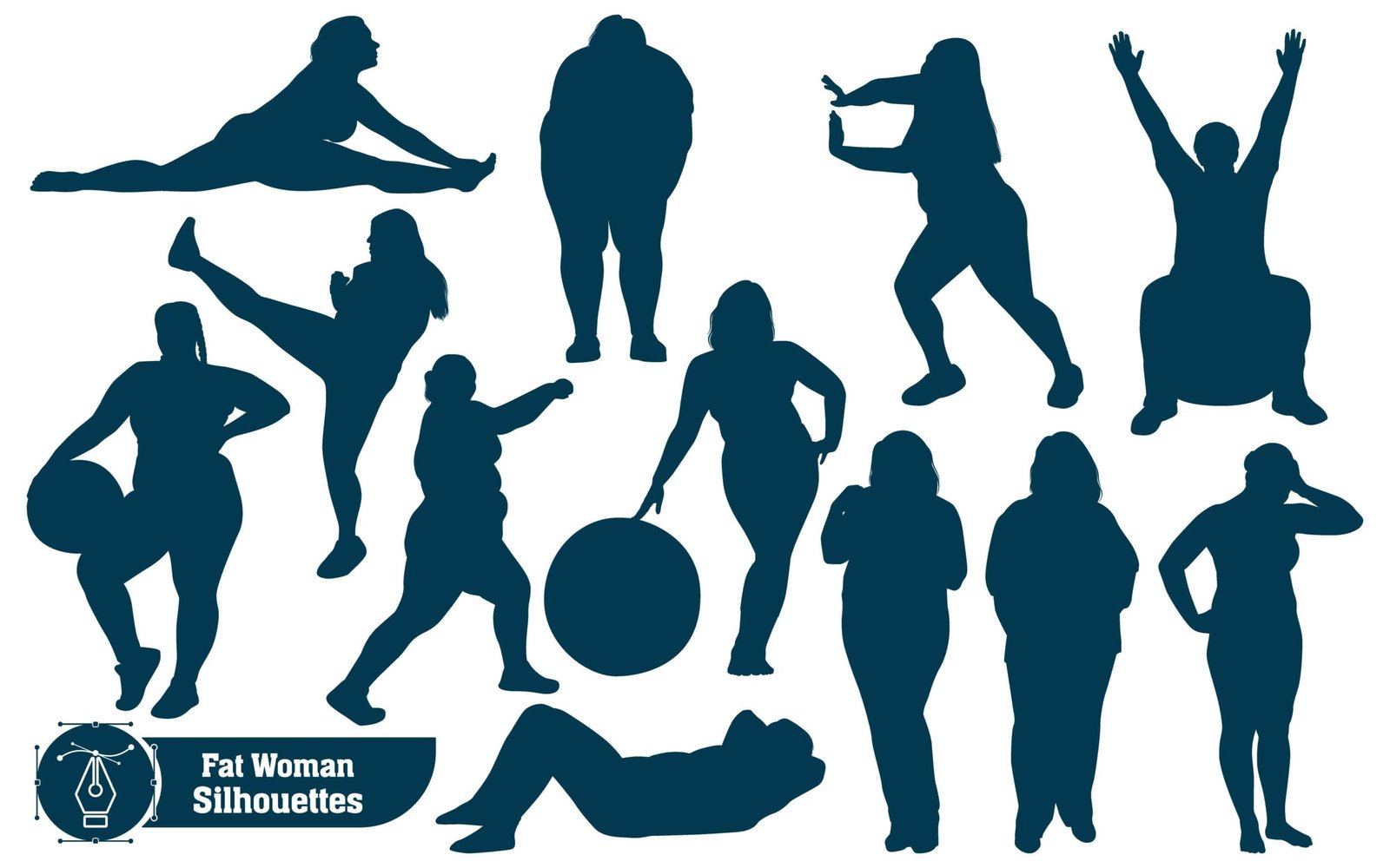 Fat Woman Silhouettes in fitness and active poses vector collection