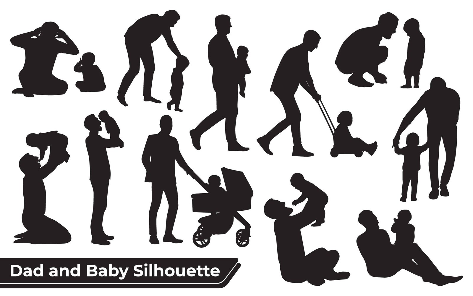 Collection of Father and son or dad and baby Silhouettes in different poses set