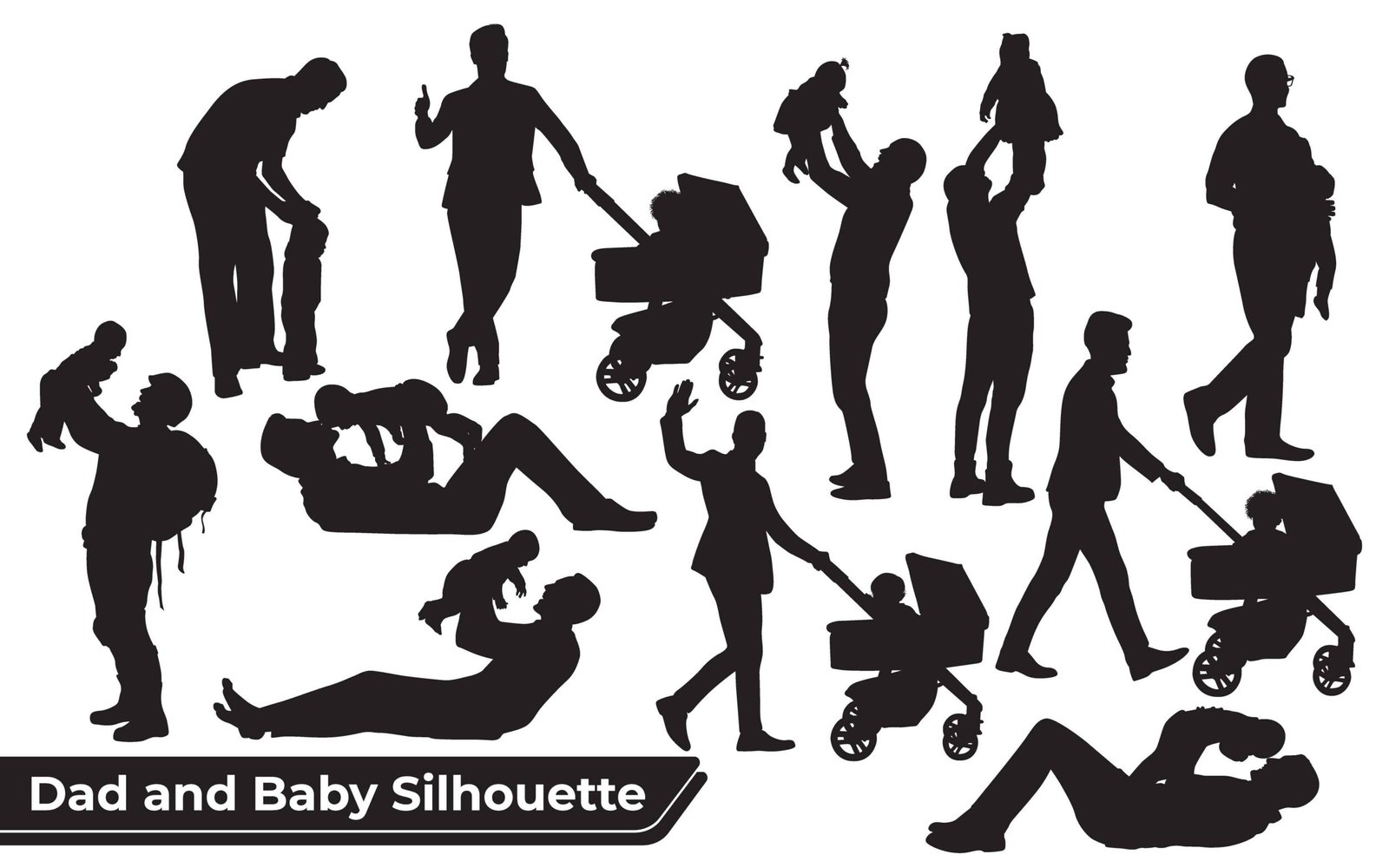 Collection of Father and son or dad and baby Silhouettes in different poses set