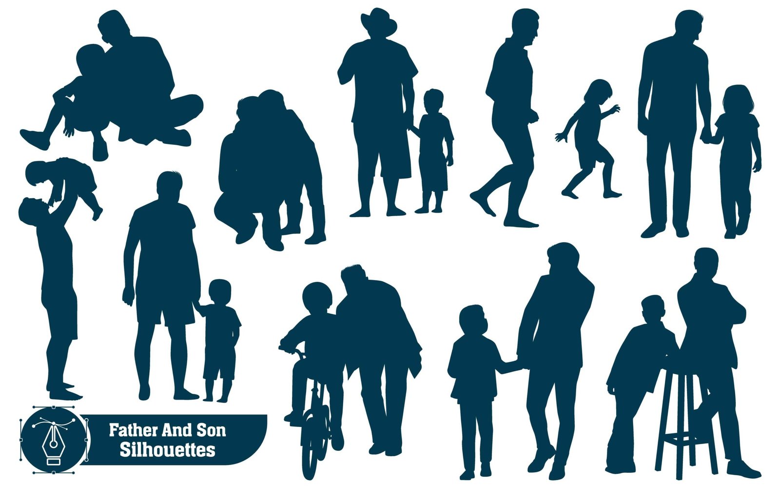 Collection of Father and Son or dad and baby Silhouettes in different poses set