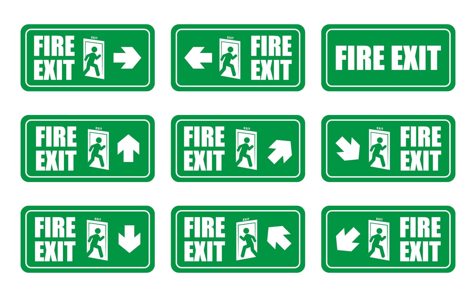 fire exit signs with diverse directional arrows