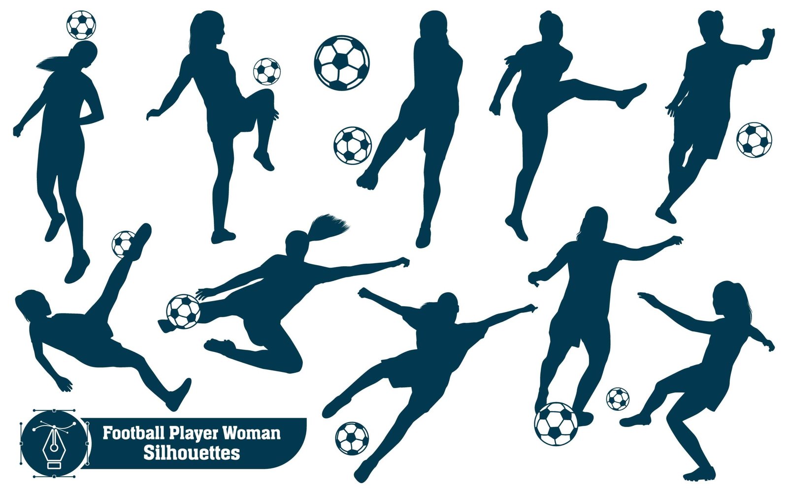 Vector collection of Female playing Soccer or football silhouettes in different poses