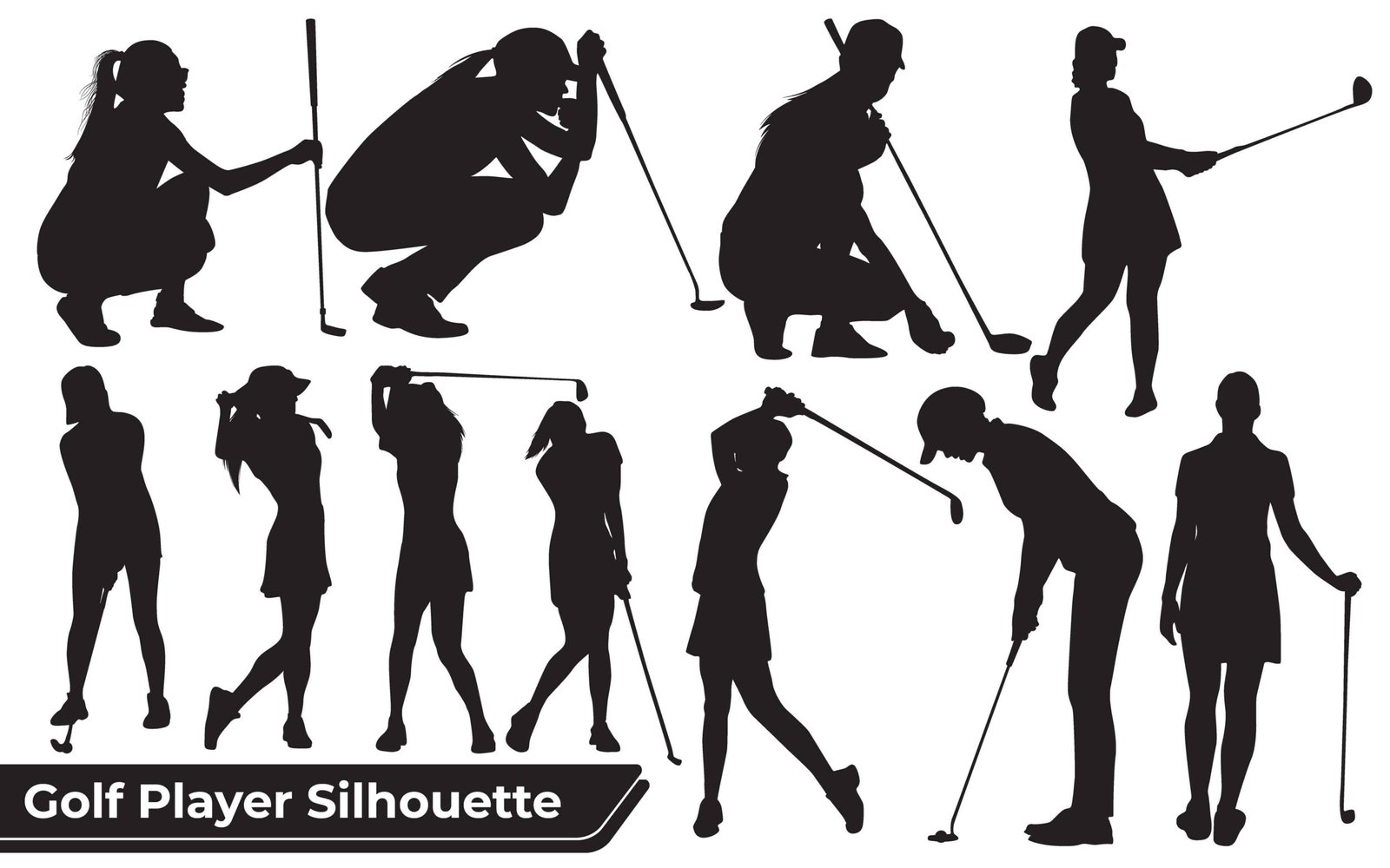 Collection of Golf Player Female silhouettes in different poses