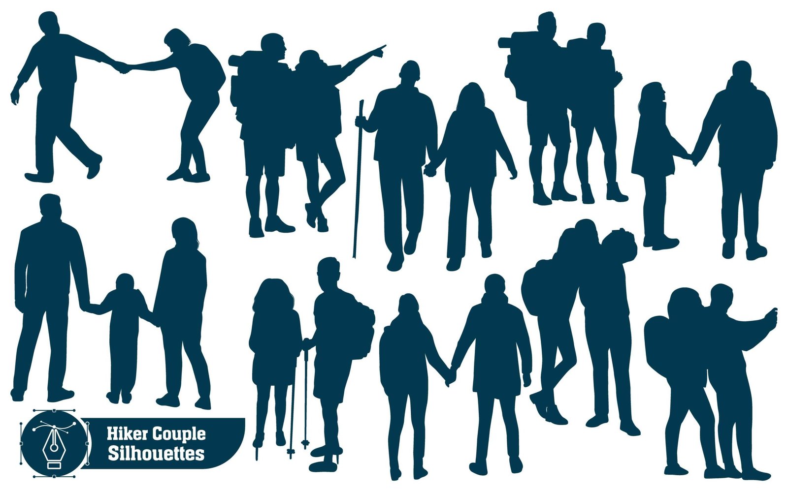 Vector collection of Couple hiker in mountains silhouettes in different poses