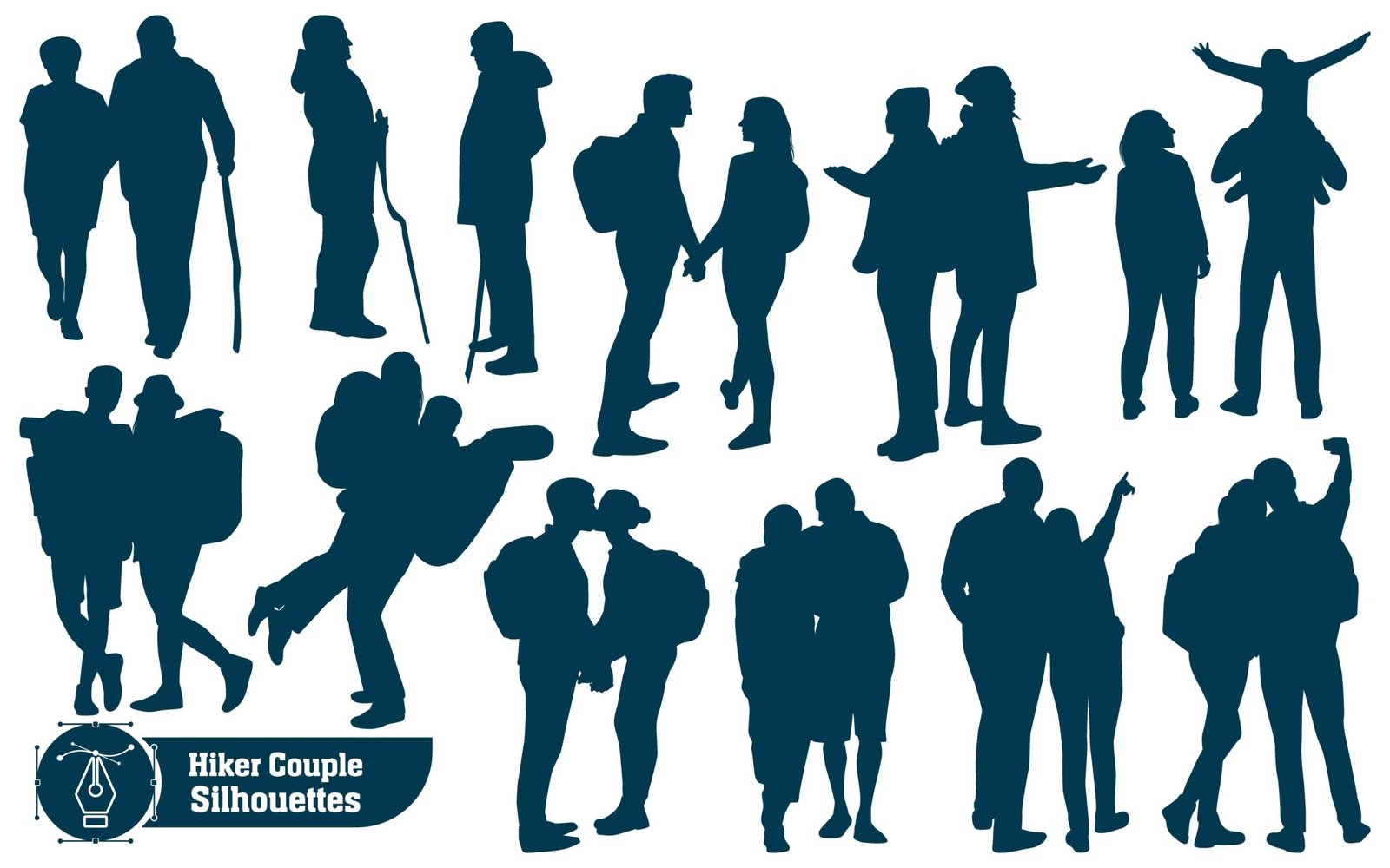 Vector collection of Couple hiker in mountains silhouettes in different poses