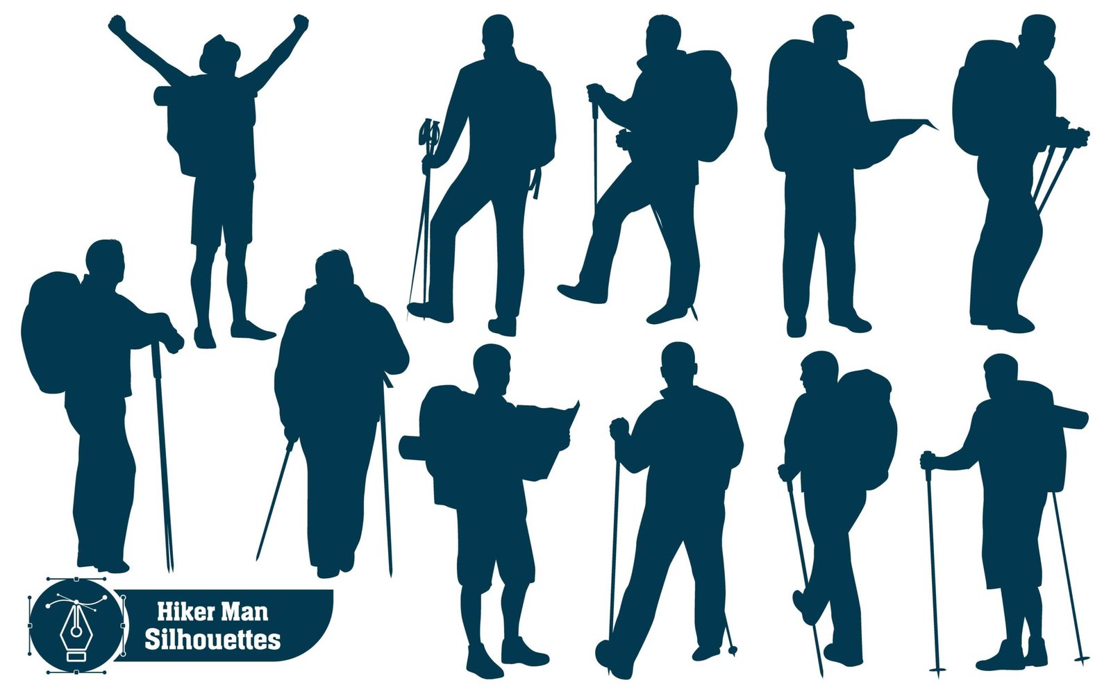 Vector collection of Couple hiker in mountains silhouettes in different poses
