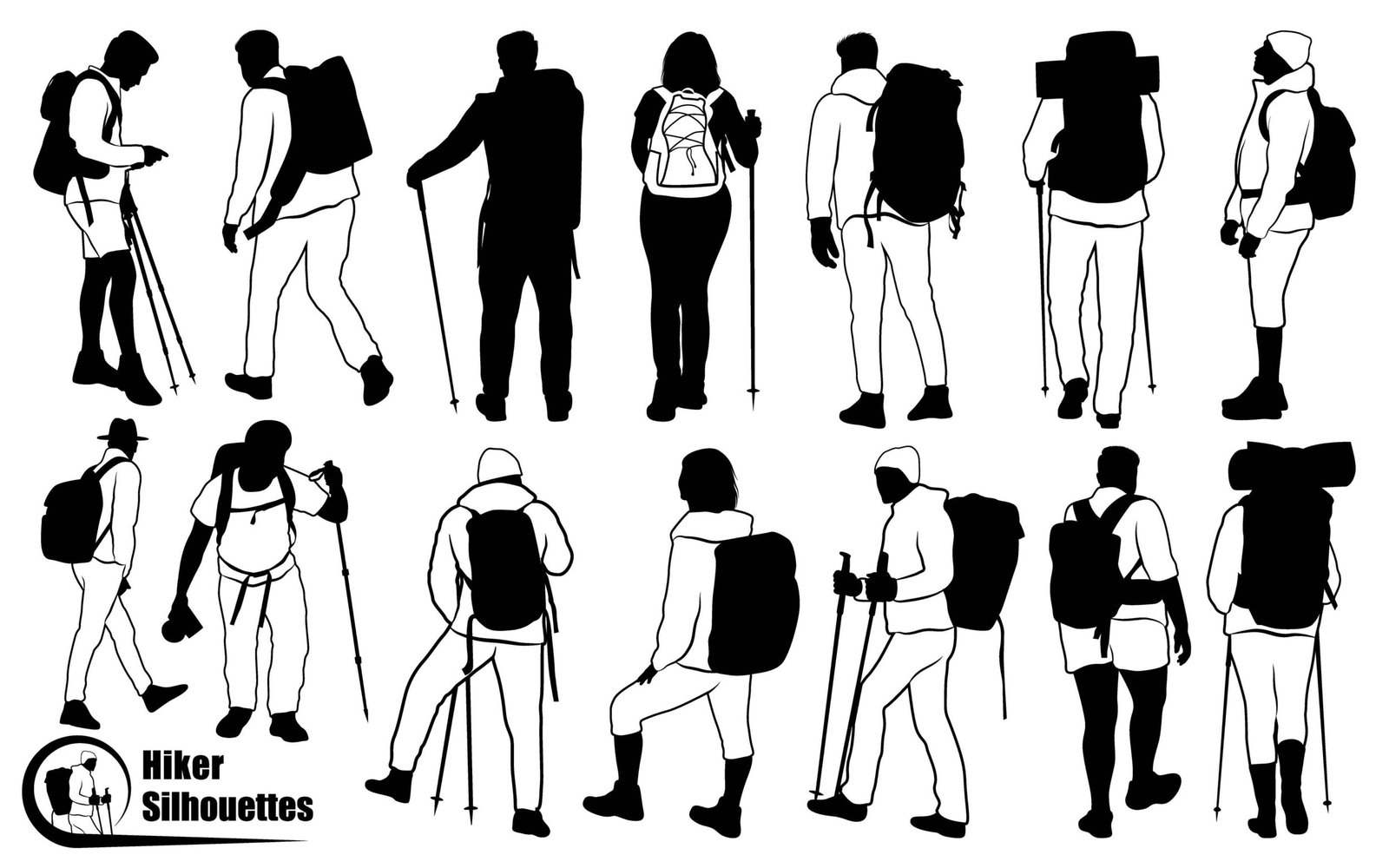 Male and female hiker or Hiking in mountains silhouettes vector