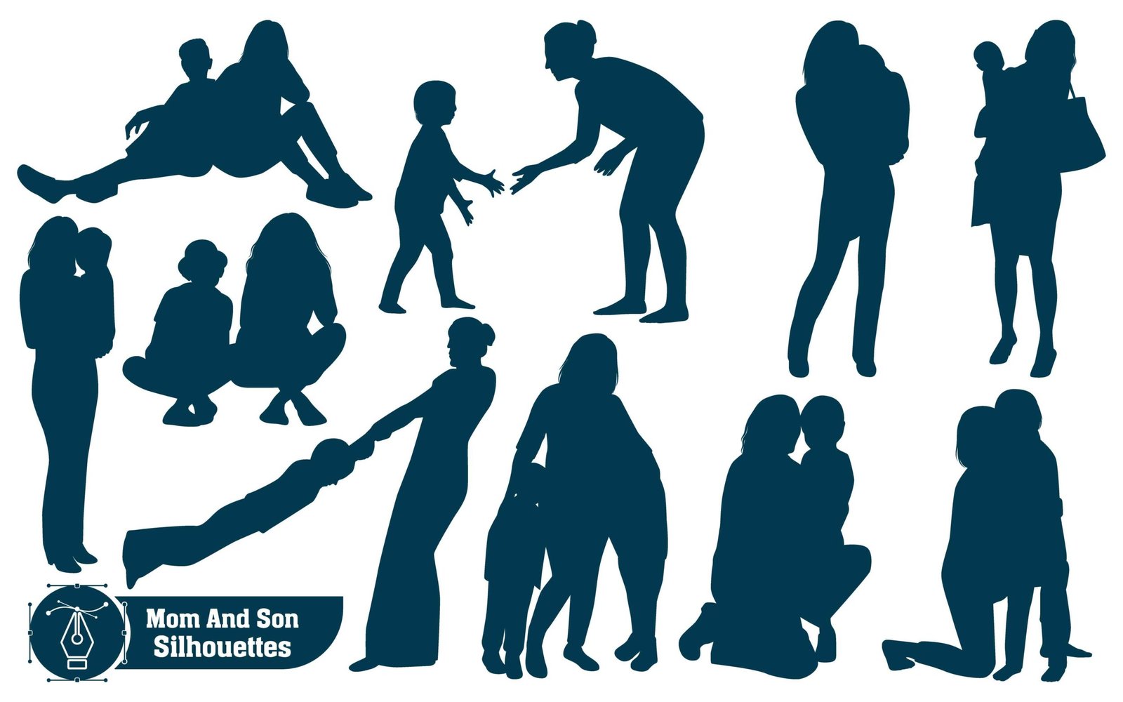 Mon and Son or Mother and Son Black Silhouettes Vector illustration