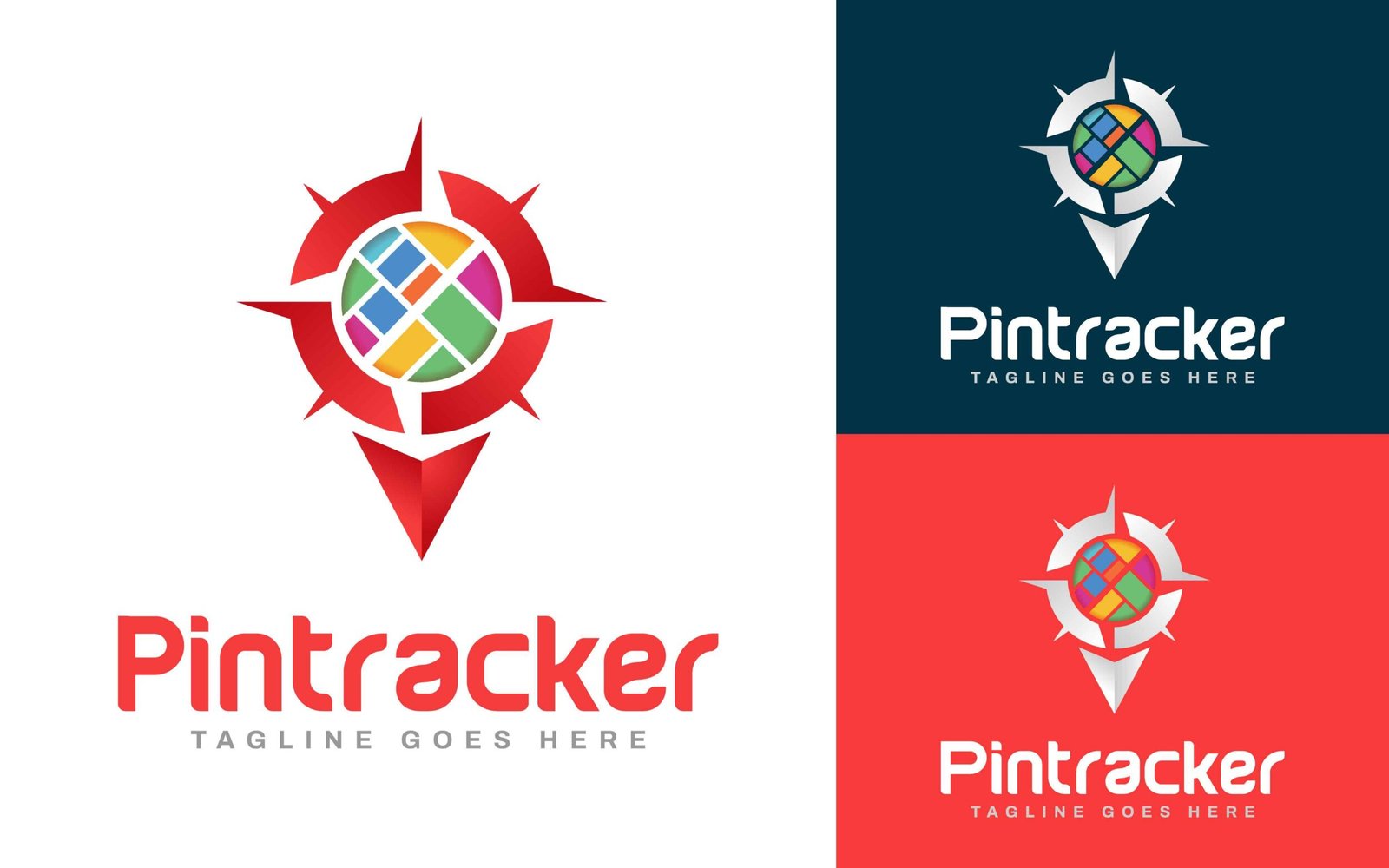 Geometric map pin compass rose logo with colorful data grid